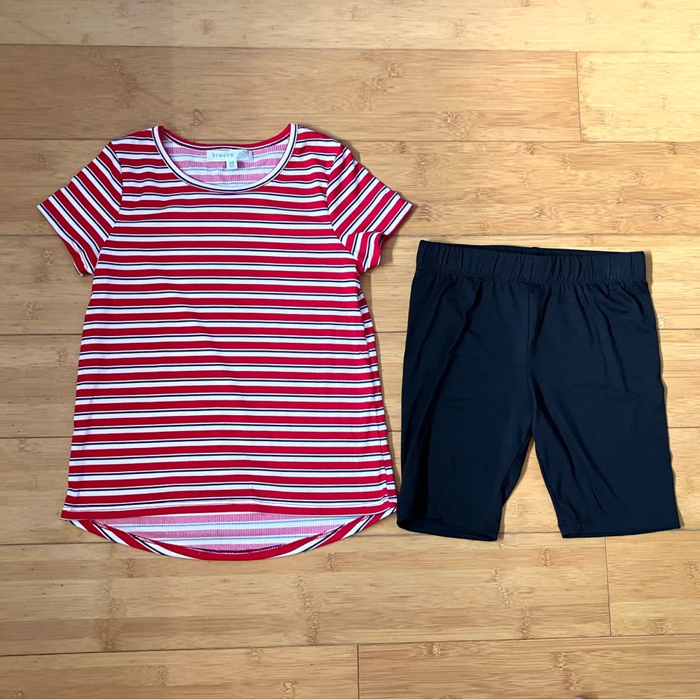 NEW Girls Size 10 Patriotic Outfit - Striped Tee Top & Black Bike Shorts